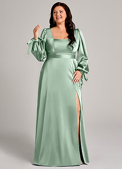 Azazie Leonia Robes de demoiselle d'honneur Robe Trapèze en Satin extensible Manche longue Agave image10