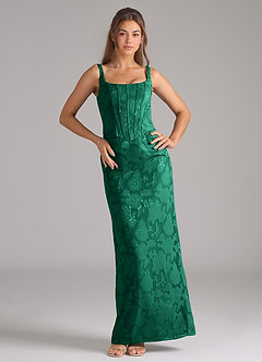 Azazie Kenna Bridesmaid Dresses Emerald Sheath Side Slit Floral Burnout Dress image3