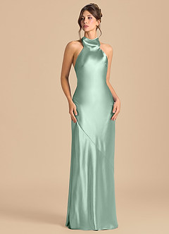 Azazie Velli 신부 들러리 드레스 쉬스 하이넥 메탈릭 새틴 바닥 길이 드레스 image2