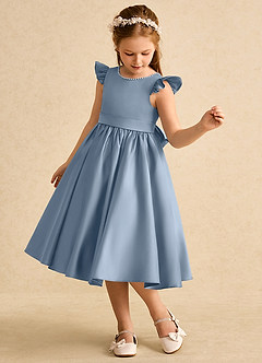 Azazie Dumpling Flower Girl Dresses Dusty Blue A-Line Bow Matte Satin Dress image4