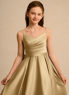 Azazie Sweets Girls Formal Flower Girl Dresses Gold A-Line Pleated Matte Satin Dress image6