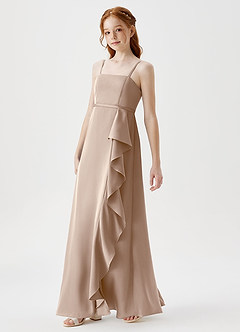 Azazie Kaylee Junior Robe Trapèze en Satin extensible avec ceinture Taupe image4