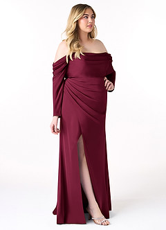 Azazie Hallie Bridesmaid Dresses Burgundy Mermaid Off-The-Shoulder Long Sleeve Stretch Satin Convertible Dress image10
