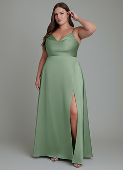 Azazie Sarella Vestidos de damas de honor Vestido Matcha de Satén Elástico de Línea A con Plisado image6