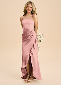 Azazie Buzzy Junior Rosette Sheath Pleated Stretch Satin Dress image1