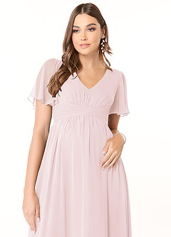 Azazie Verna Zwangerschaps Bruidsmeisjekleding A-Lijn V-hals Gerimpeld Chiffon Vloerlengte Jurk image5