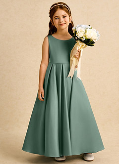 Azazie Pepper Flower Girl Dresses Eucalyptus A-Line Pleated Matte Satin Dress image6