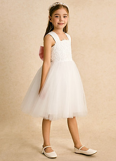 Azazie Dimple Flower Girl Dresses Ivory Blushing Pink Ball-Gown Lace Tulle Dress image3