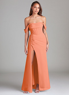 Azazie Amyra Bridesmaid Dresses Sunset Sheath Off the Shoulder Chiffon Convertible Dress image1