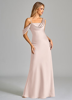 Azazie Celina Bridesmaid Dresses Blushing Pink Sheath Off the Shoulder Stretch Satin Dress image3