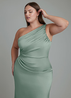 Azazie Akilah Bridesmaid Dresses Silver Sage Mermaid One Shoulder Stretch Satin Dress image13
