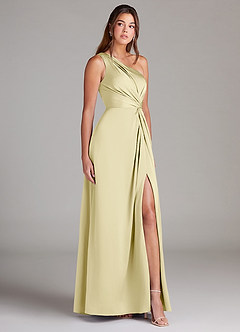 Azazie Brooke Bridesmaid Dresses Lemon Sorbet A-Line One Shoulder Stretch Satin Dress image4