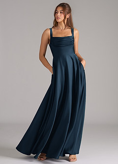 Azazie Shaude Bridesmaid Dresses Dark Navy A-Line Pleated Stretch Satin Dress image4