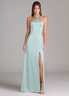 Azazie Elliana Bridesmaid Dresses Sea Glass A-Line Side Slit Stretch Satin Dress image5