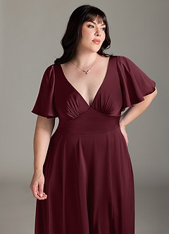 Azazie Kimber Bridesmaid Dresses Cabernet A-Line Ruched Stretch Satin Dress image11