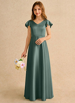 Azazie Nari Girls Formal Final Sale Blushing Pink A-Line with Sleeves Stretch Satin Dress image3