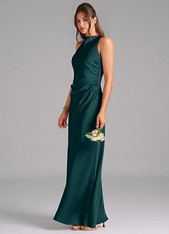 Azazie Evadne Bridesmaid Dresses Pine Sheath Pleated Stretch Satin Dress image1