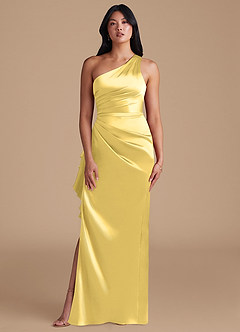 Azazie Latrice Bridesmaid Dresses Canary Sheath One Shoulder Metallic Satin Dress image2