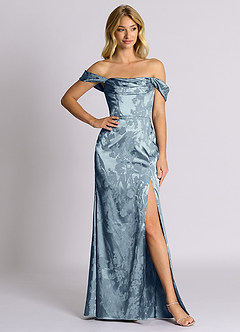 Azazie Saige 신부 들러리 드레스 인어 오프 더 숄더 자카드 바닥 길이 드레스 image3