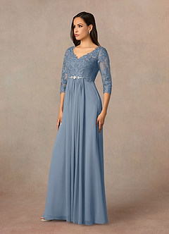 Azazie Hayek Mère de la mariée Robes Robe Trapèze en Mousseline de soie Col V en dentelle Violet Crépusculaire image2