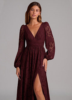 Azazie Norah Jurken voor bruidsmeisjes Jurk van Bloemen Burn-out met A-Lijn Lange mouw Cabernet image7