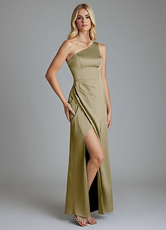 Azazie Adhara Bridesmaid Dresses Moss Green Sheath One Shoulder Stretch Satin Dress image9