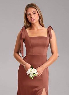 Azazie Frostine Bridesmaid Dresses Auburn A-Line Bow Stretch Satin Dress image4