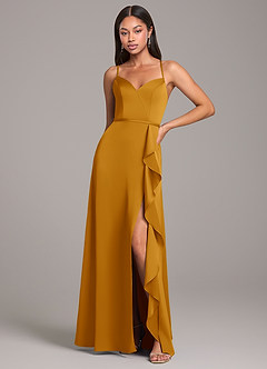 Azazie Naeem Robes de demoiselle d'honneur Robe Trapèze en Satin extensible Caramel écossais image1