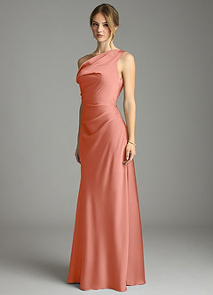Azazie Emerson Bridesmaid Dresses Salmon Pink Mermaid Off the Shoulder Stretch Satin Dress image2