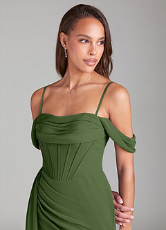 Azazie Amyra Bridesmaid Dresses Olive Sheath Off the Shoulder Chiffon Convertible Dress image7