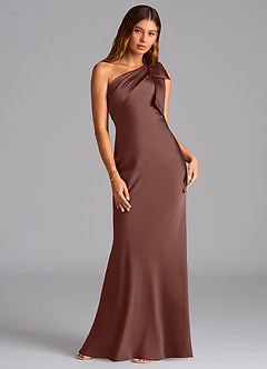 Azazie Yuanna Bridesmaid Dresses Espresso Mermaid One Shoulder Stretch Satin Dress image3