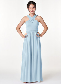 Azazie Jiya Junior Sky Blue A-Line Pleated Mesh Dress image4