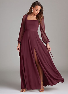 Azazie Leonia Bridesmaid Dresses Cabernet A-Line Long Sleeve Mesh Dress image2
