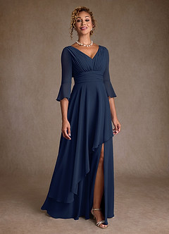 Azazie Eire vestidos de madre de la novia Vestido de Azul Marino Oscuro de Gasa de Corte en A con Plisado image1