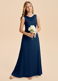 Azazie Kiki Junior Robe Trapèze en Satin extensible Nœud Bleu Marine Foncé image1