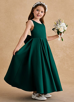 Azazie Honey Bear Flower Girl Dresses Pine A-Line Pleated Matte Satin Dress image5
