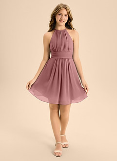 Azazie Bonnie Junior Desert Rose A-Line Pleated Chiffon Dress image1