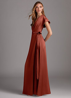 Azazie Nico Bridesmaid Dresses Terracotta A-Line V-Neck Stretch Satin Dress image2