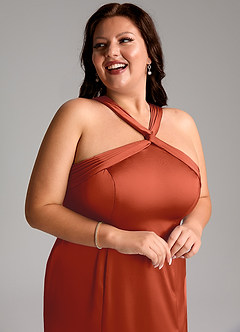 Azazie Rue Bridesmaid Dresses Rust A-Line Pleated Stretch Satin Dress image13