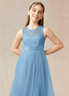 Azazie Georgette Junior Vestido de Azul Acero de Tul de Corte En A con Encaje image9