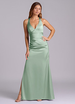 Azazie Amelie Bridesmaid Dresses Agave A-Line Pleated Stretch Satin Dress image5