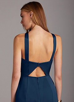 Azazie Elana Bridesmaid Dresses Dark Navy Sheath Side Slit Stretch Satin Dress image5