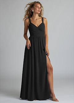 Azazie Aziza Bridesmaid Dresses Black A-Line V-Neck Pleated Chiffon Dress image1