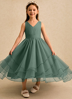 Azazie Seraphina Flower Girl Dresses Eucalyptus A-Line Pleated Tulle Dress image4