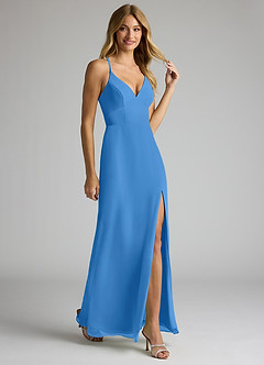 Azazie Becca Bridesmaid Dresses Blue Jay Sheath V-Neck Chiffon Dress image2