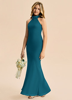 Azazie Velli Junior Meerjungfrau-Linie Hoher Kragen Chiffon Kleid Tintenblau image4