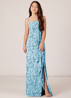 Azazie Kaylee Junior Blue Fern Floral A-Line with Belt Chiffon Dress image1