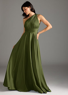 Azazie Charlize Robes de demoiselle d'honneur Robe Trapèze en Satin extensible Asymétrique Olive image13