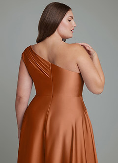 Azazie Melanie Robes de demoiselle d'honneur Robe Trapèze en Satin extensible Épaules dénudées Cuivre image13