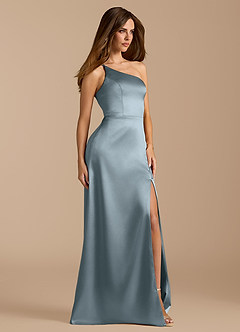 Azazie Trina Vestidos de damas de honor Vestido de Azul Polvoriento de Satén Metálico de Corte en A con Hombro unilateral image4
